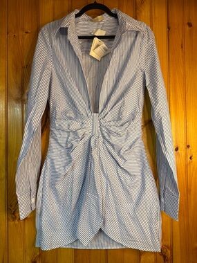 Choosy Blue Striped Midi Dress with Front Twist 100% Cotton